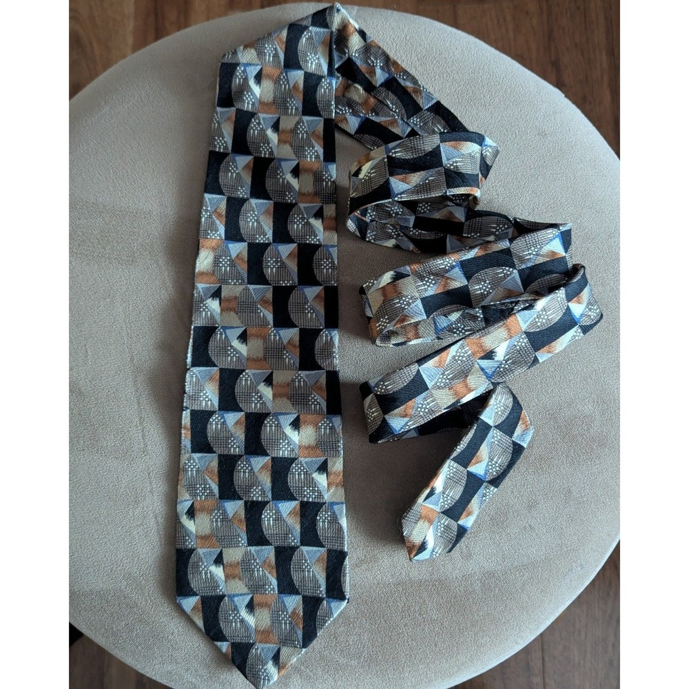 VTG Courreges Homme Mens Geometric 100% Silk Tie Black Brown Tan Blue Abstract